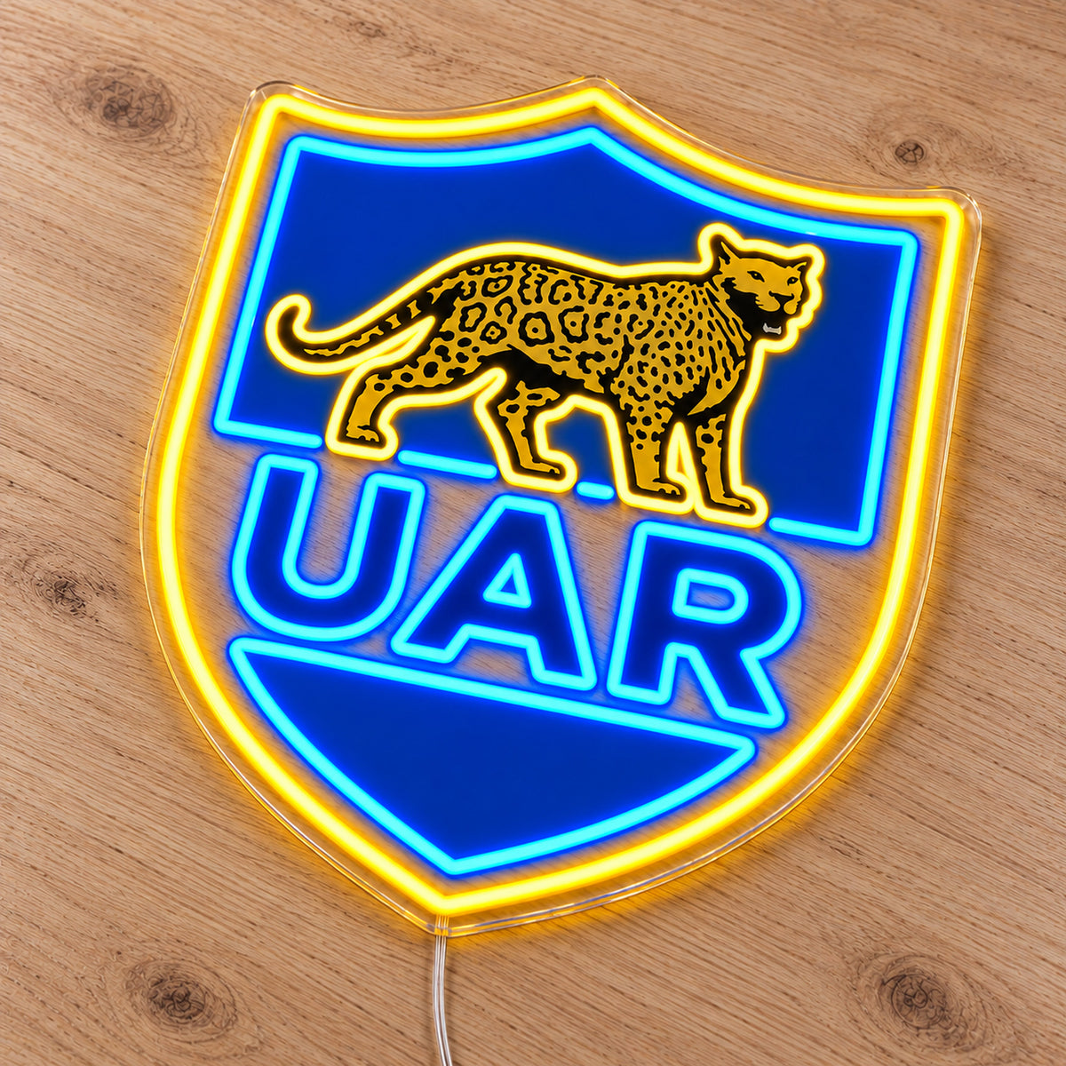 Argentina Rugby LED Neon Sign, featuring team logo displayed on a wooden surface.