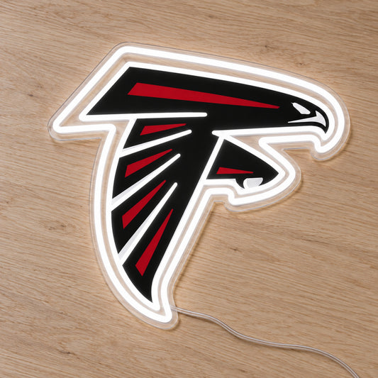 Atlanta Falcons LED Neon Sign, featuring team logo displayed on a wooden surface.