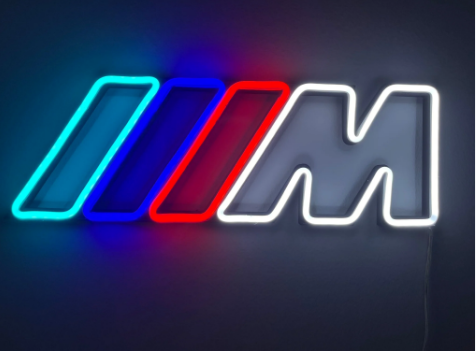 BMW ///M inspired LED neon sign with red, blue and purple stripes mounted on clear acrylic backing – Neon Lanes Australia