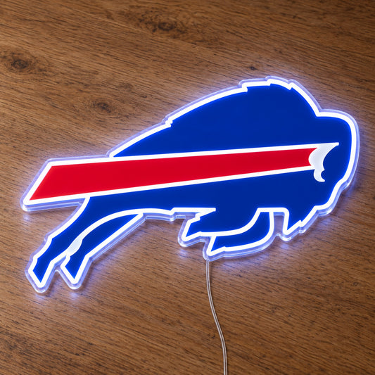 Buffalo Bills LED Neon Sign, featuring illuminated team logo on a wooden surface.