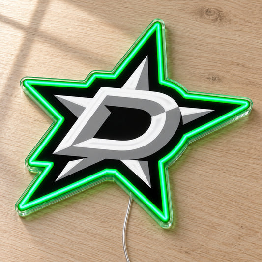 Dallas Stars LED Neon Sign, featuring team logo displayed on a wooden surface.