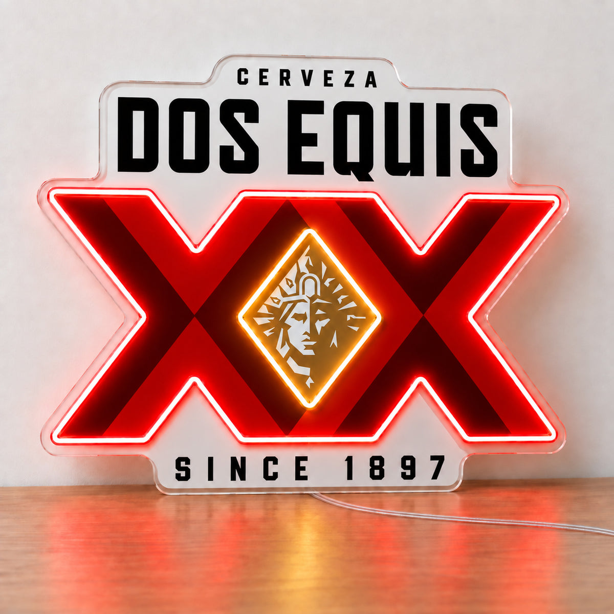 Dos Equis LED Neon Sign, featuring illuminated beer-brand logo on a light background.