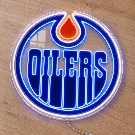 Edmonton Oilers LED Neon Sign, featuring team logo displayed on a wooden surface.
