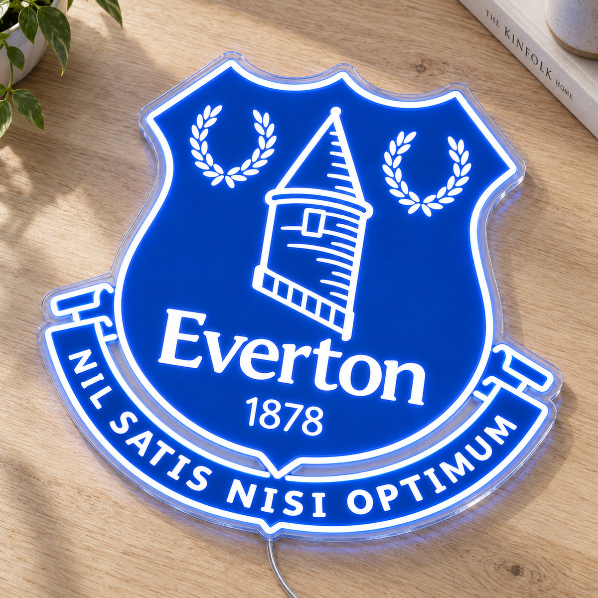 Everton LED Neon Sign, featuring team logo displayed on a wooden surface.