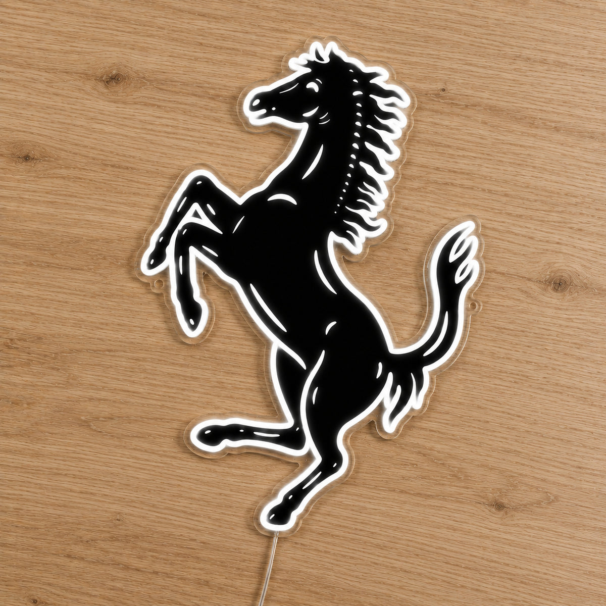 Ferrari Horse LED Neon Sign, featuring illuminated vehicle logo on a wooden surface.