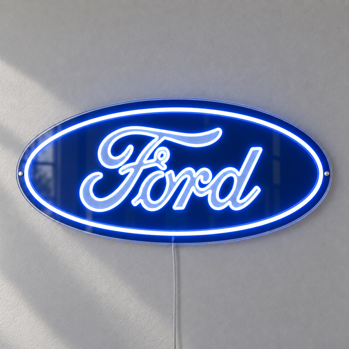 Ford Oval LED Neon Sign in blue and white, featuring oval Ford logo on a light wall.