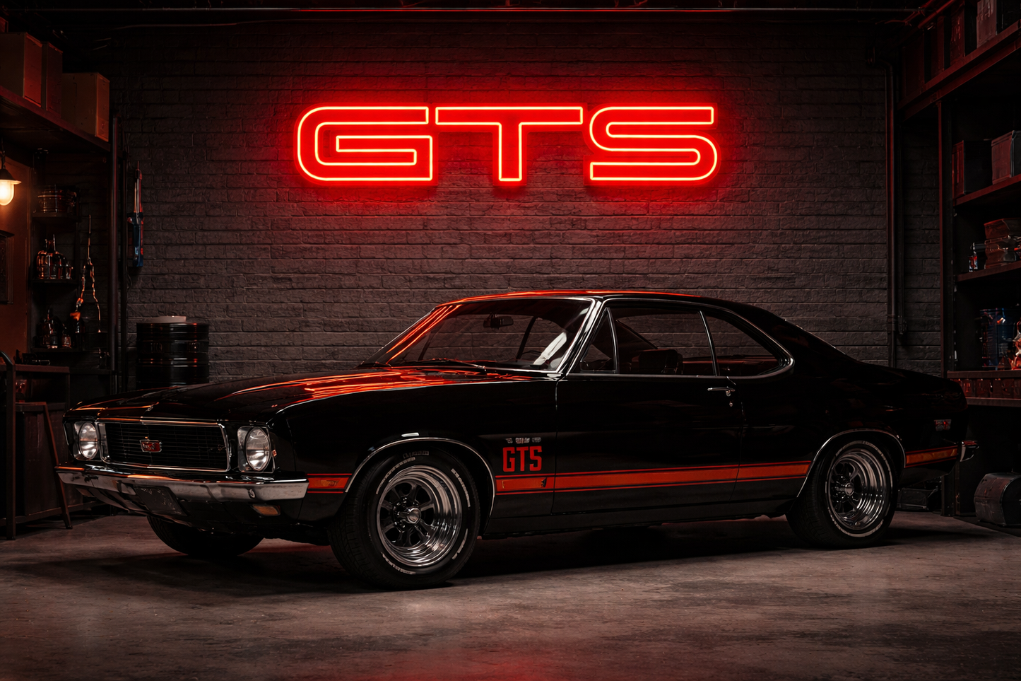 GTS Holden LED neon sign glowing in an Australian muscle car garage, bold performance badge wall light