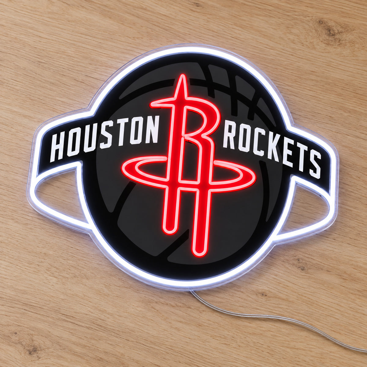 Houston Rockets LED Neon Sign, featuring illuminated team logo on a wooden surface.
