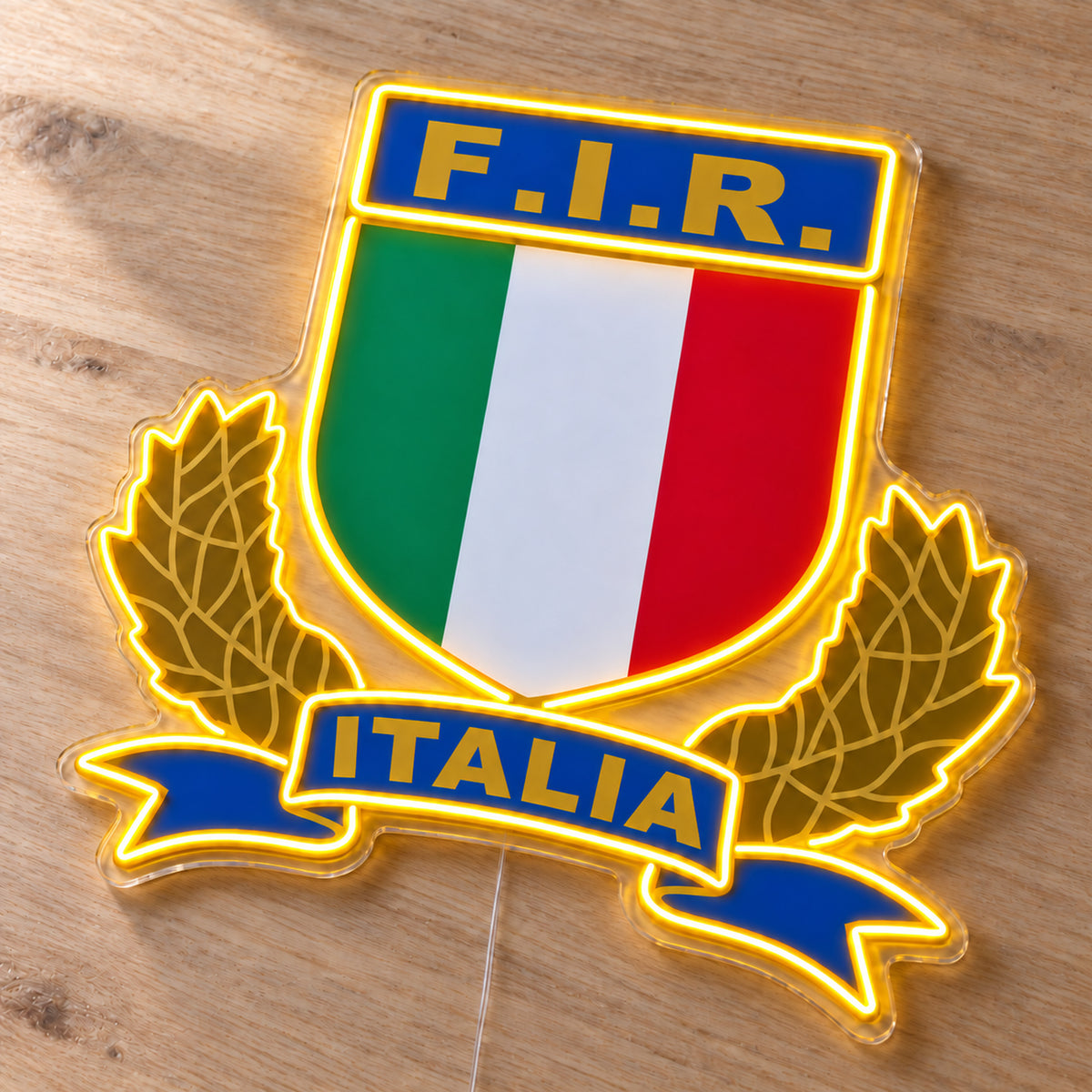 Italy Rugby LED Neon Sign, featuring team logo displayed on a wooden surface.