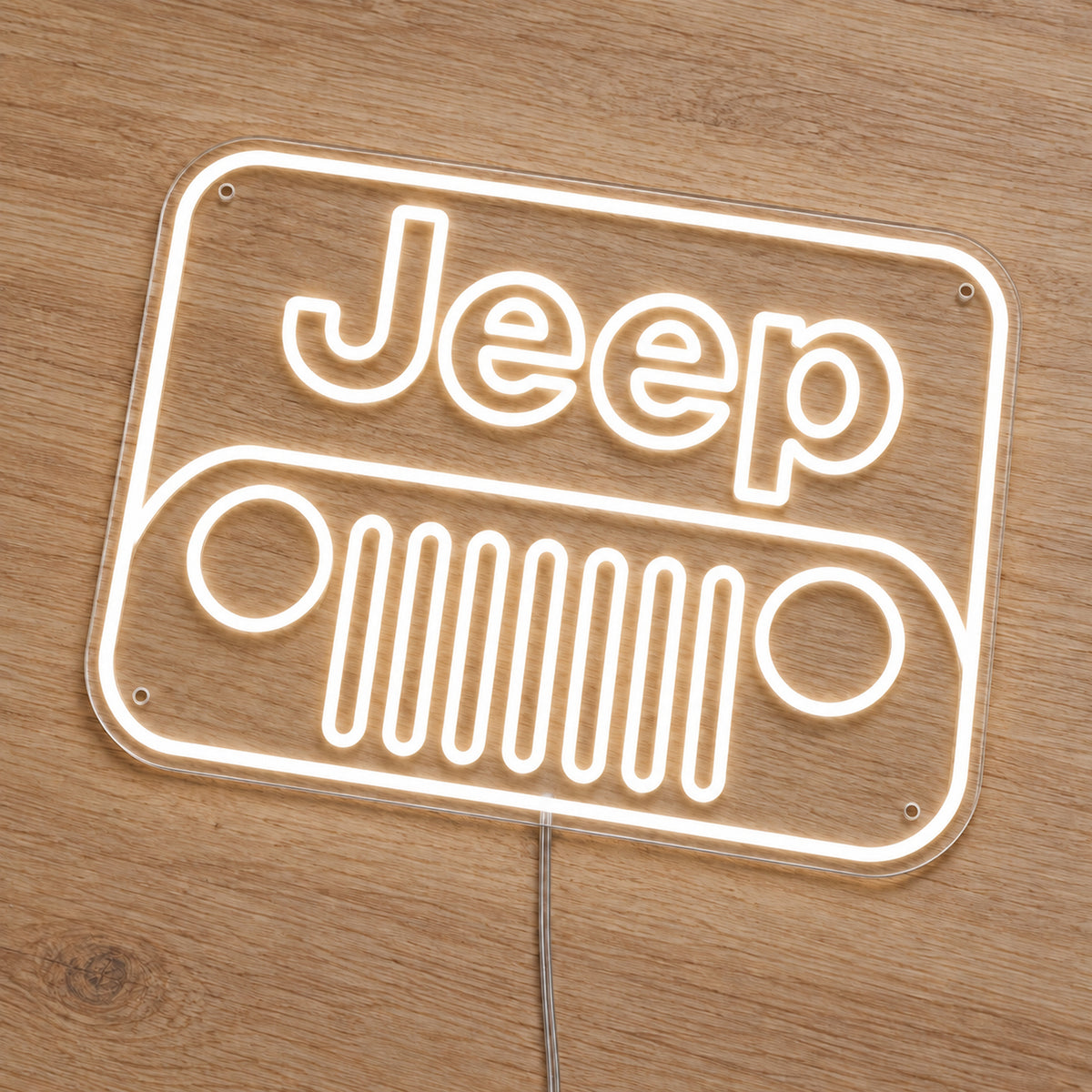 Jeep Grille LED Neon Sign in warm white, featuring a Jeep grille emblem on a wooden surface.