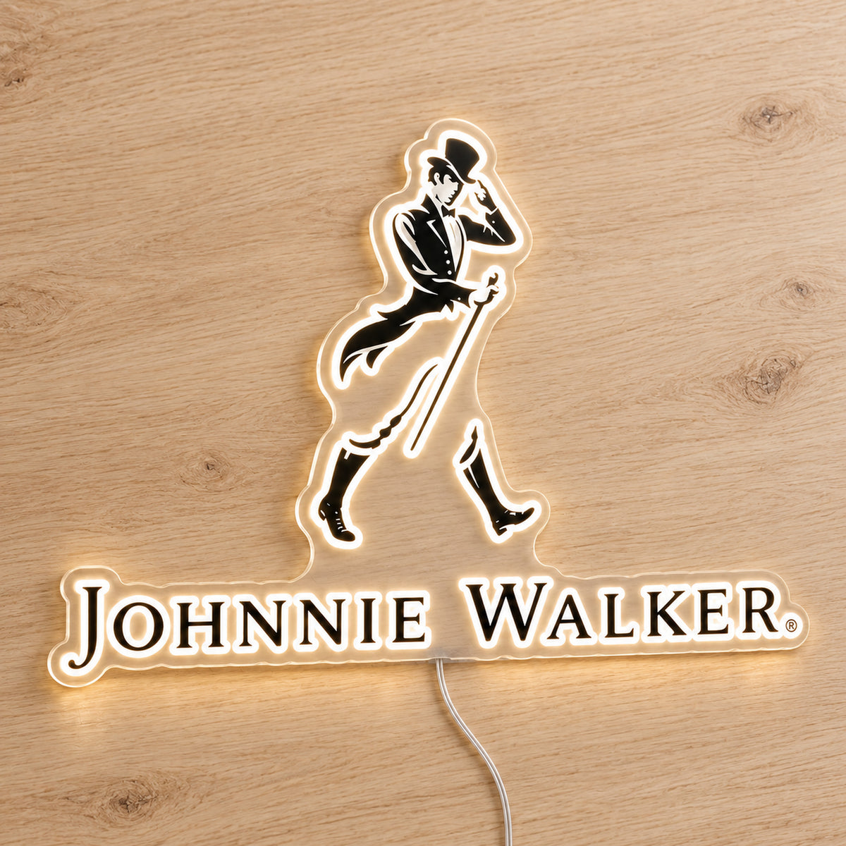 Johnnie Walker LED Neon Sign, featuring illuminated brand logo on a wooden surface.