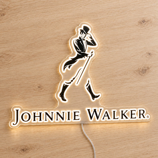 Johnnie Walker LED Neon Sign, featuring illuminated brand logo on a wooden surface.