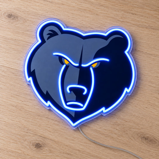 Memphis Grizzlies LED Neon Sign, featuring team logo displayed on a wooden surface.