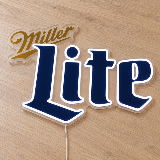 Miller Lite LED Neon Sign, featuring illuminated beer-brand logo on a wooden surface.