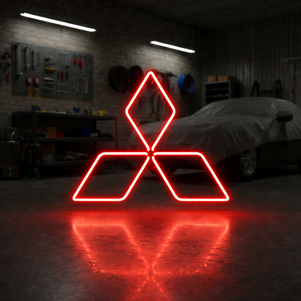 Red Mitsubishi LED neon sign glowing in a garage setting, bold JDM performance wall light