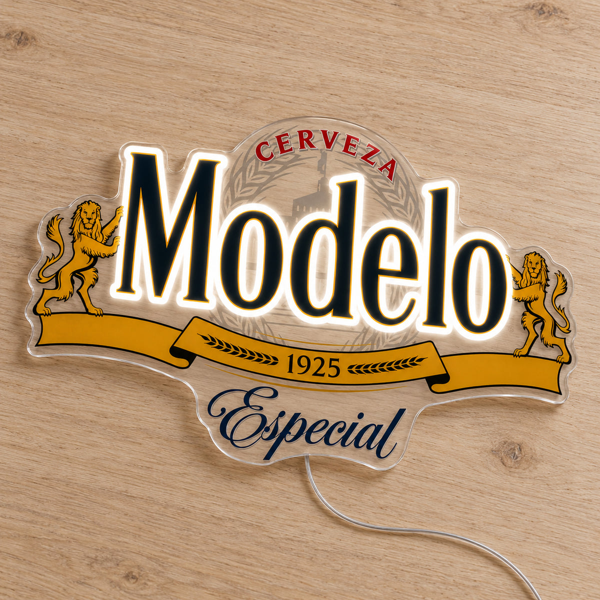 Modelo Especial LED Neon Sign, featuring illuminated beer-brand logo on a wooden surface.