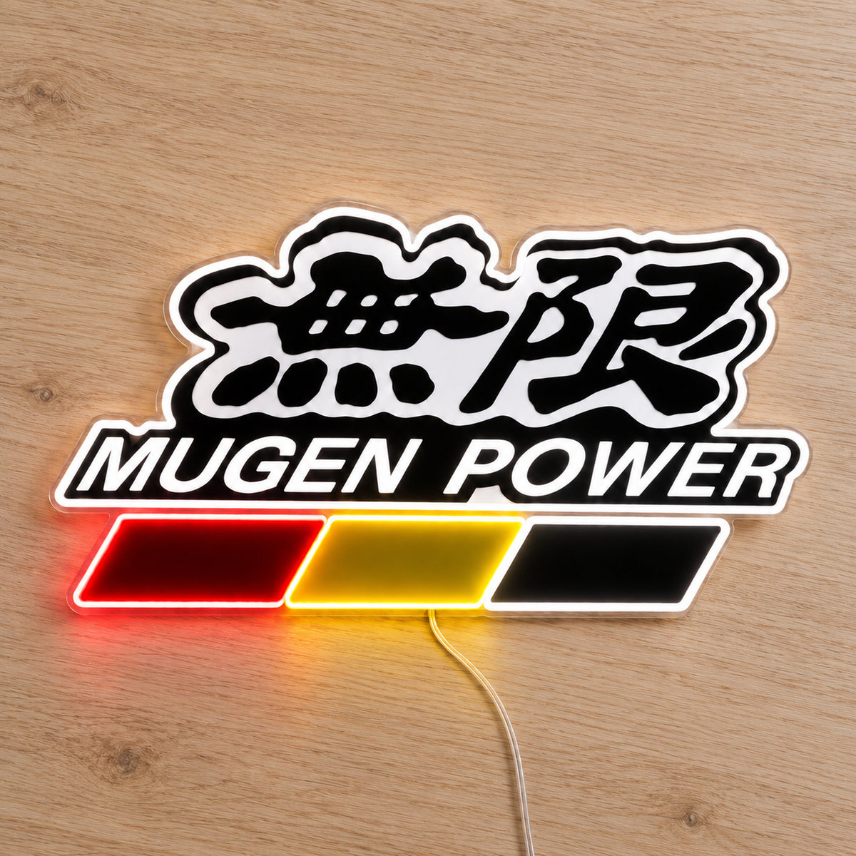Mugen Power LED Neon Sign, featuring illuminated vehicle logo on a wooden surface.
