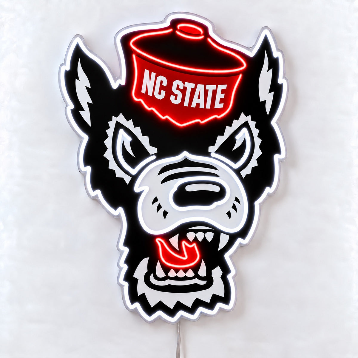 NC State Wolfpack LED Neon Sign, featuring team logo displayed on a light background.
