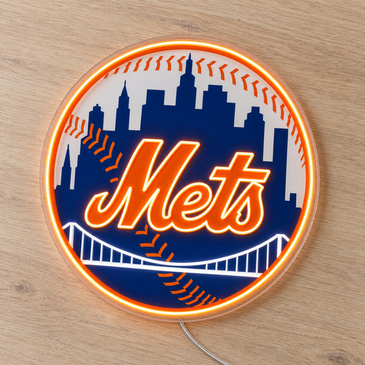 New York Mets LED Neon Sign, featuring illuminated team logo on a wooden surface.