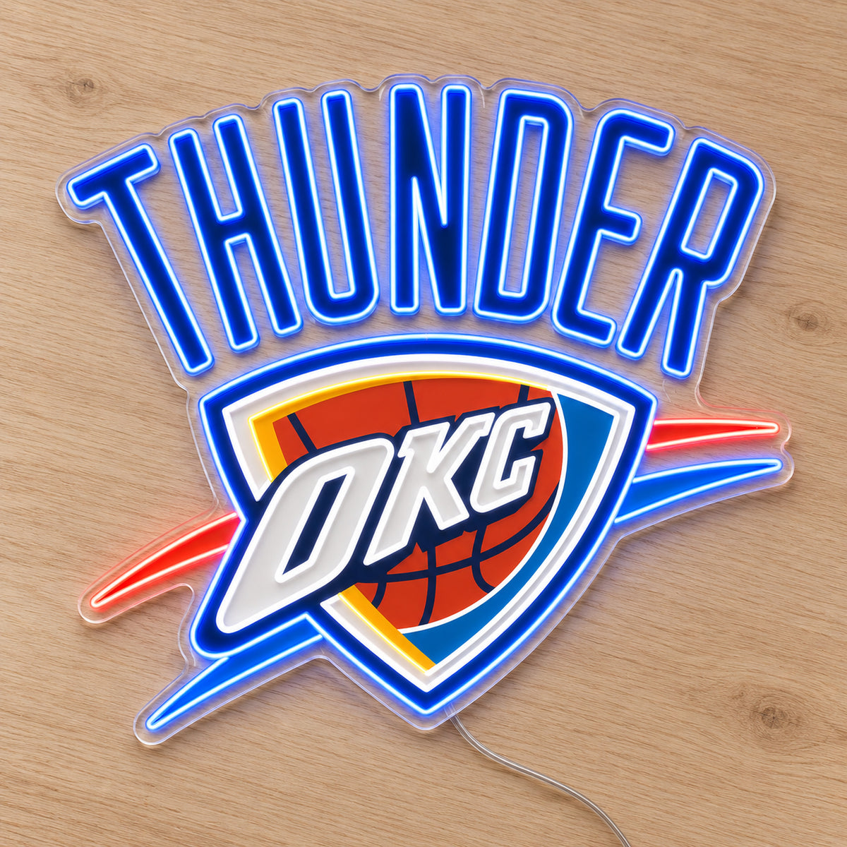Oklahoma City Thunder LED Neon Sign, featuring team logo displayed on a wooden surface.