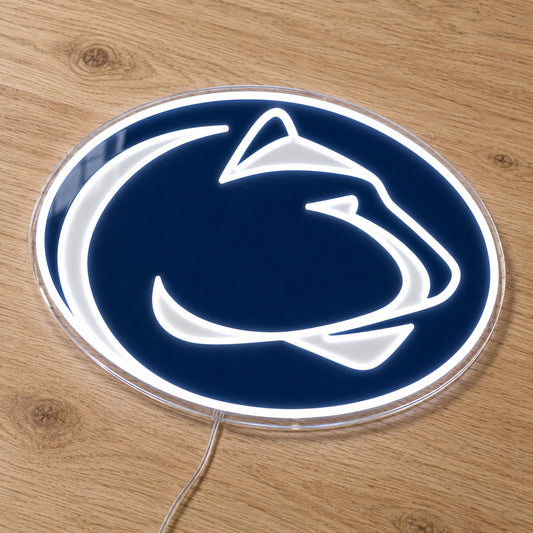 Penn State Nittany Lions LED Neon Sign, featuring team logo displayed on a wooden surface.