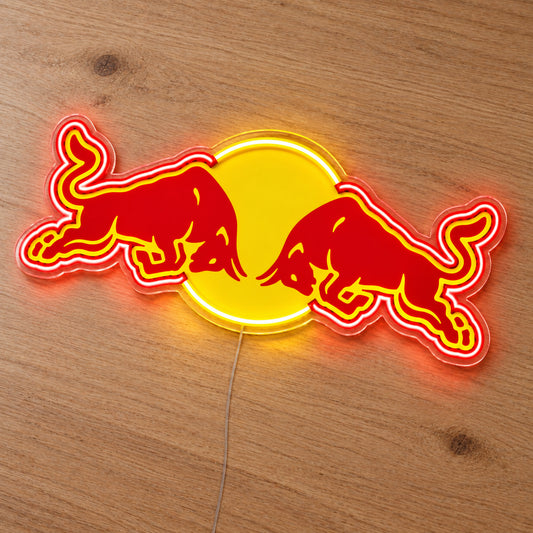 Red Bull Racing F1 LED Neon Sign, featuring team logo displayed on a wooden surface.