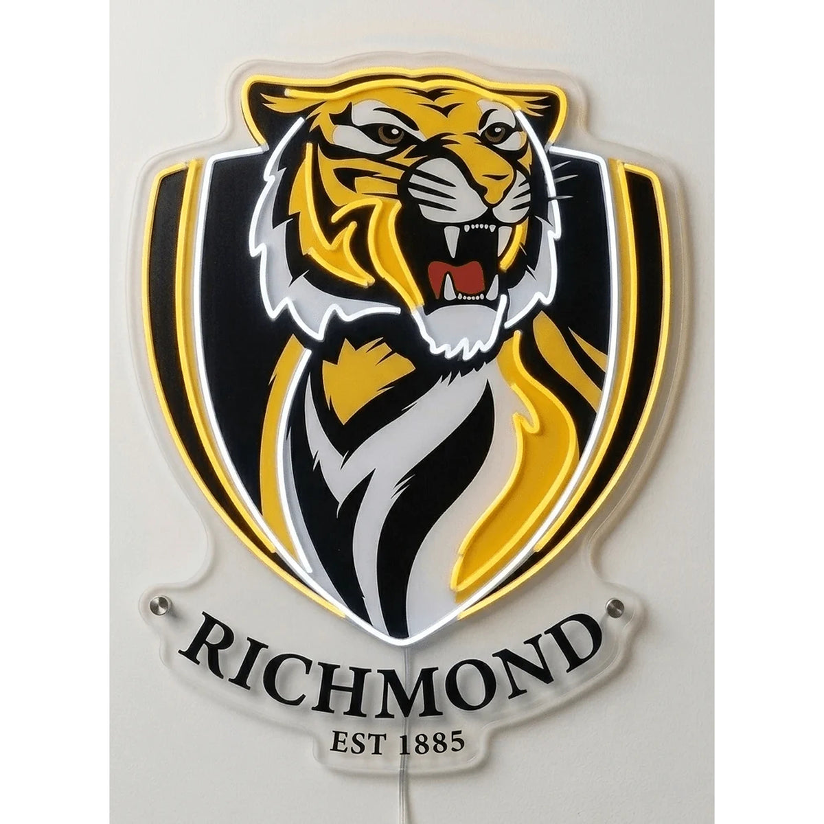 Richmond Tigers Neon Sign in yellow and white, featuring Richmond Tigers crest with a tiger head on a light background.