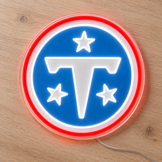 Tennessee Titans LED Neon Sign, featuring team logo displayed on a wooden surface.
