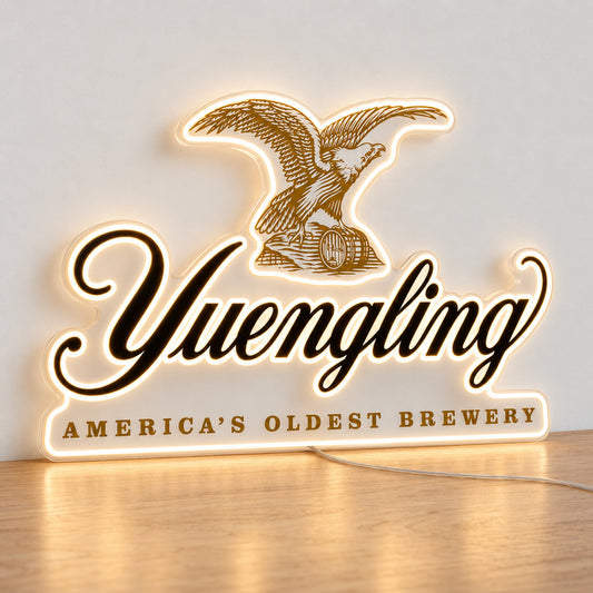 Yuengling LED Neon Sign, featuring illuminated beer-brand logo on a light background.