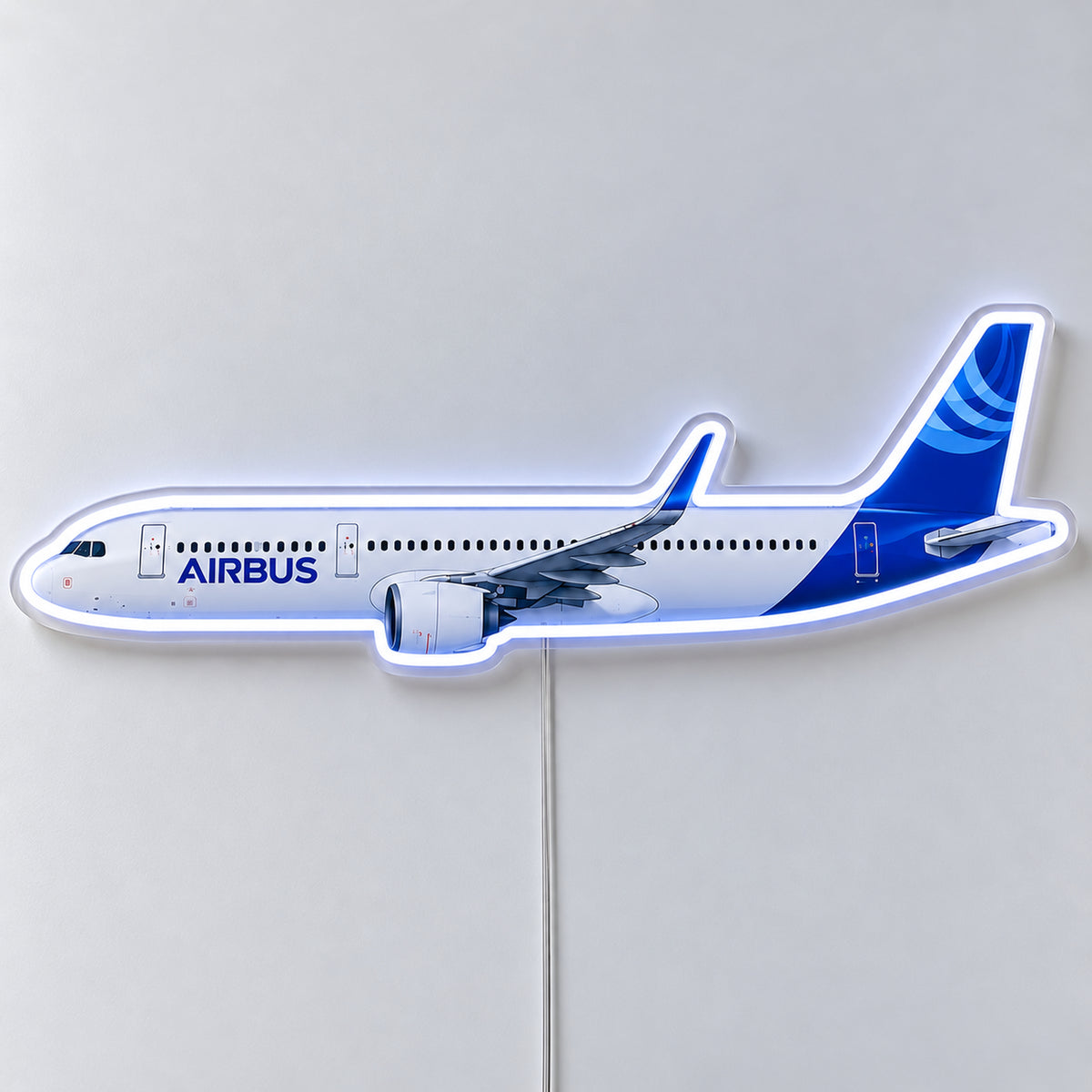 Airbus A321neo Neon Sign with printed aircraft details and an illuminated LED outline on clear acrylic, shown from the front on a white surface