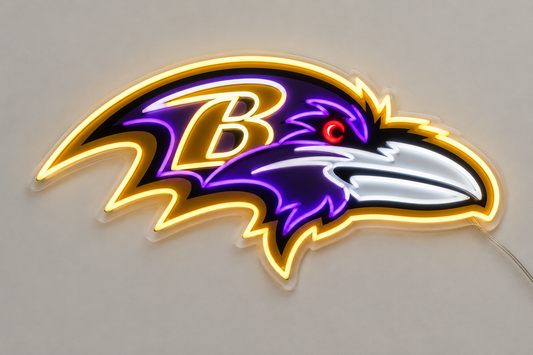 Baltimore Ravens LED Neon Sign, featuring illuminated team logo on a light background.