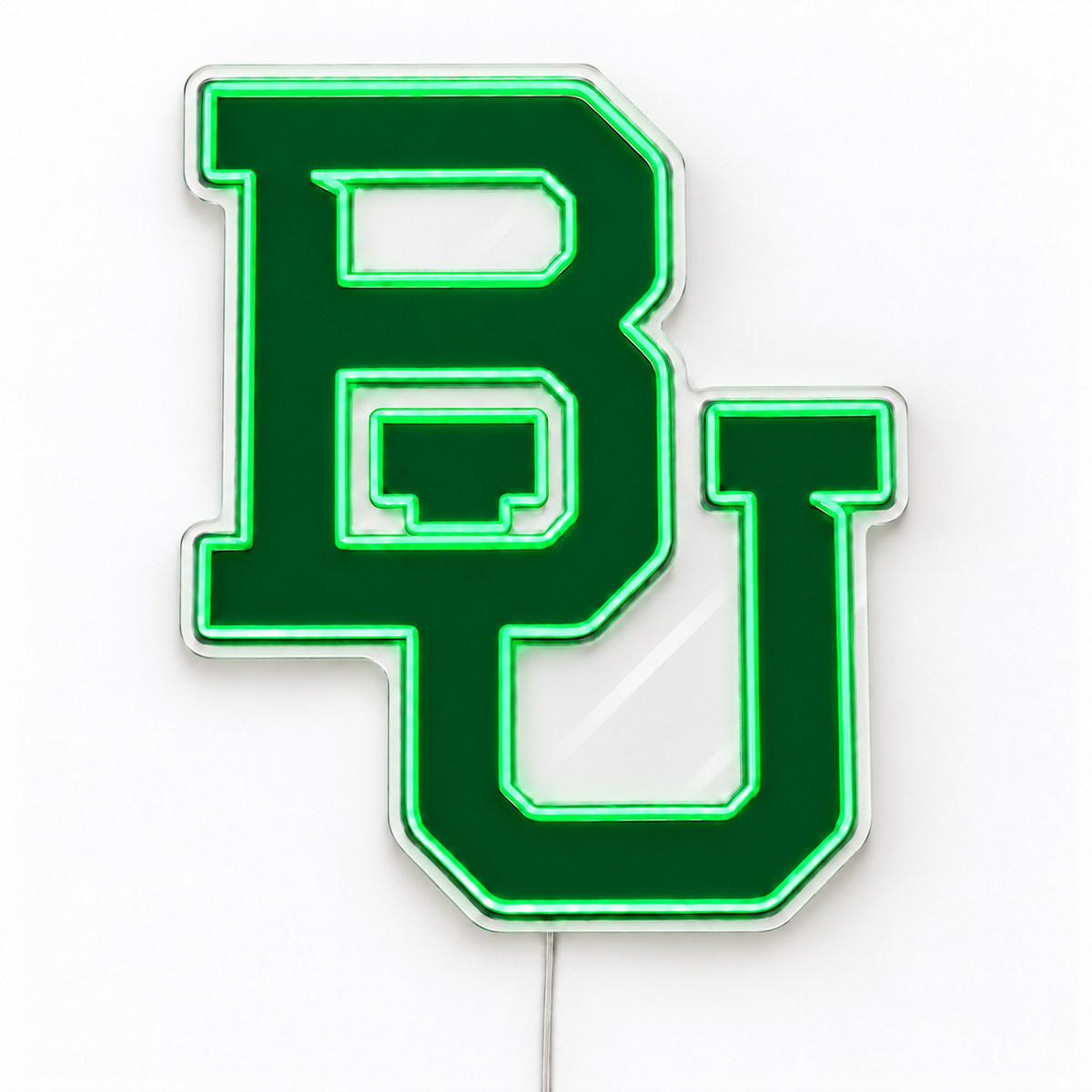 Baylor Bears Neon Sign with a green LED neon outline around the dark green BU logo on clear acrylic, shown on a white surface