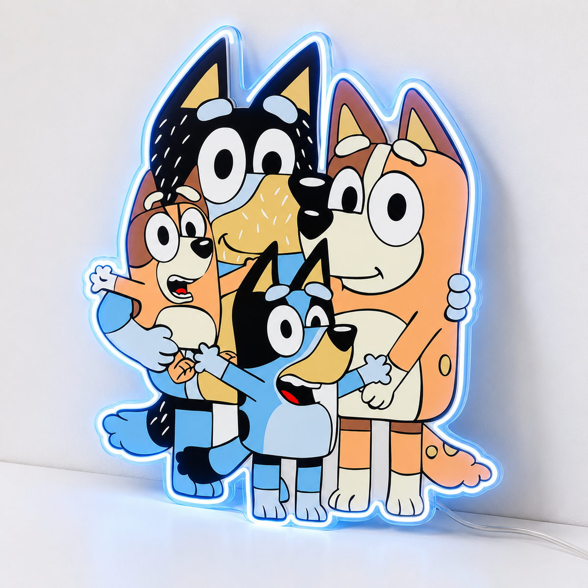Bluey (Blue) LED Neon Sign in blue, featuring Bluey family characters and lettering on a light surface.