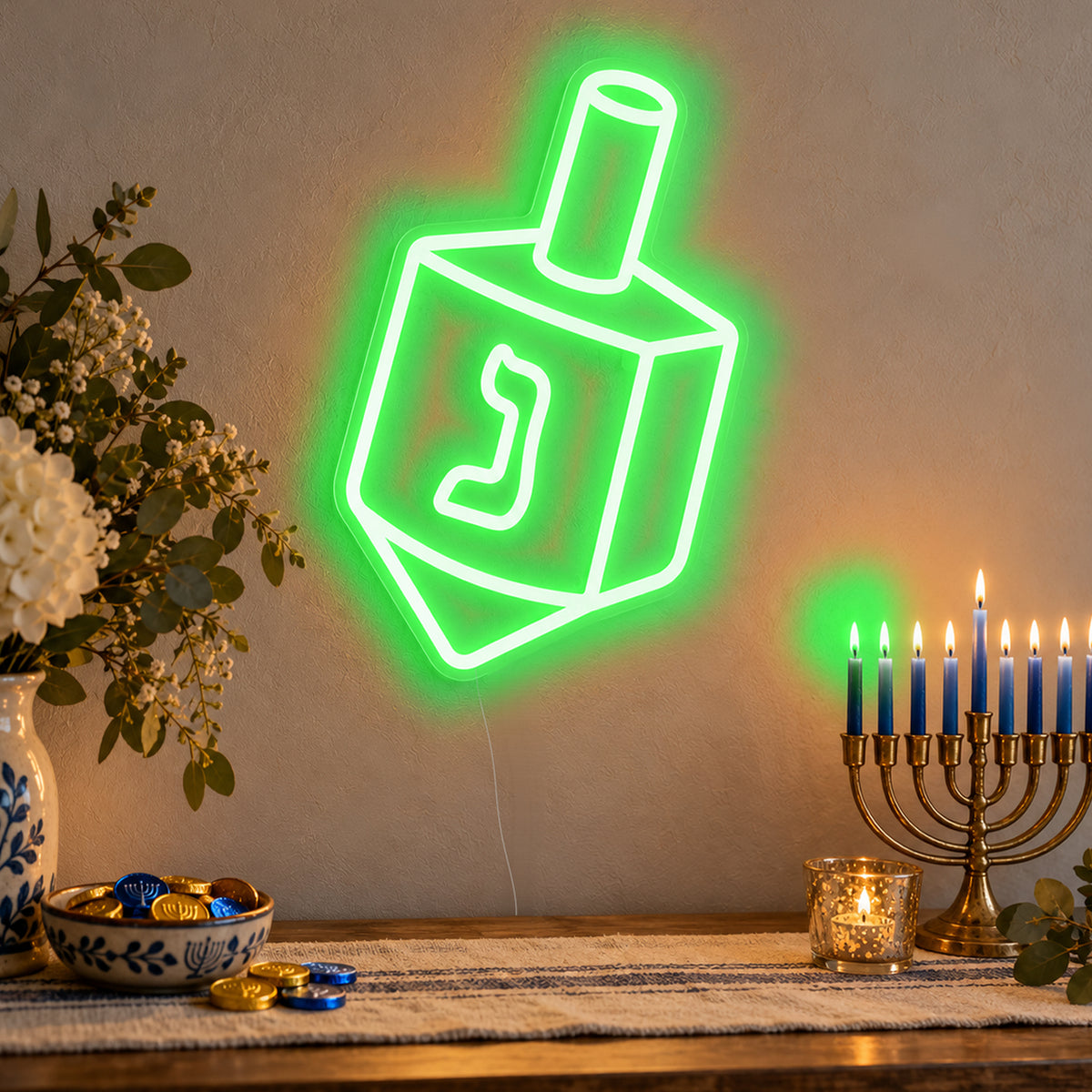 Dreidel Neon Sign in green LED neon on clear acrylic, angled view