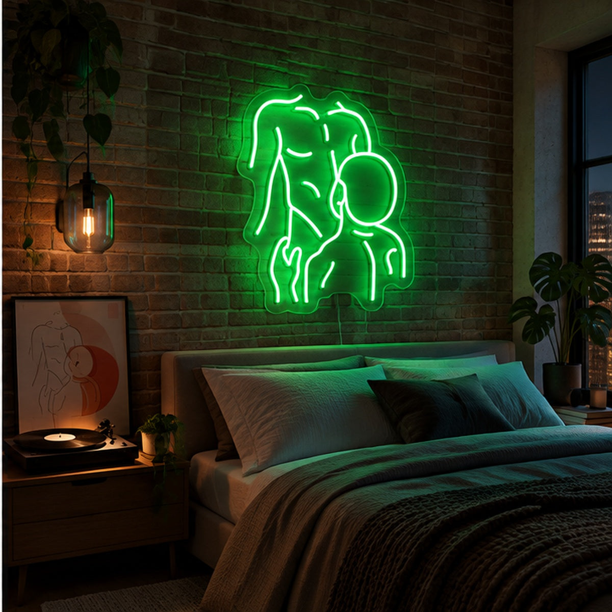 Gay Pride Two Men Neon Sign in green, featuring an outline of two men kissing on a brick bedroom wall above a bed.