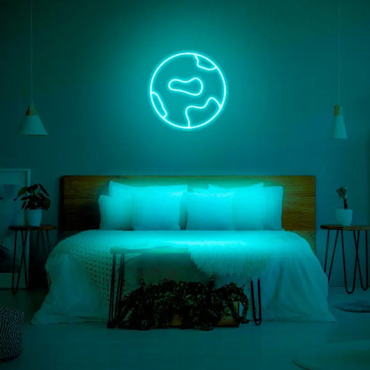 Globe LED Neon Light Sign in turquoise, featuring globe outline illuminated above a bed.
