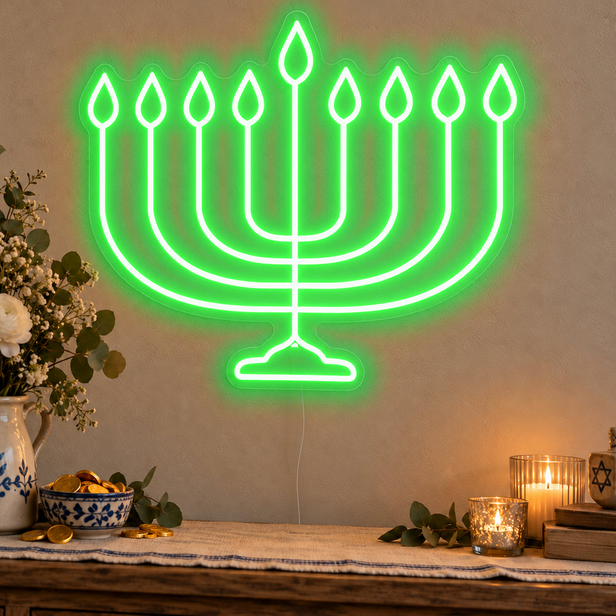 Hanukkiah Neon Sign in green LED neon on clear acrylic, angled view