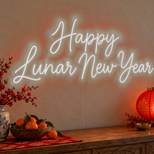 Happy Lunar New Year Neon Sign in white LED neon on clear acrylic, angled view