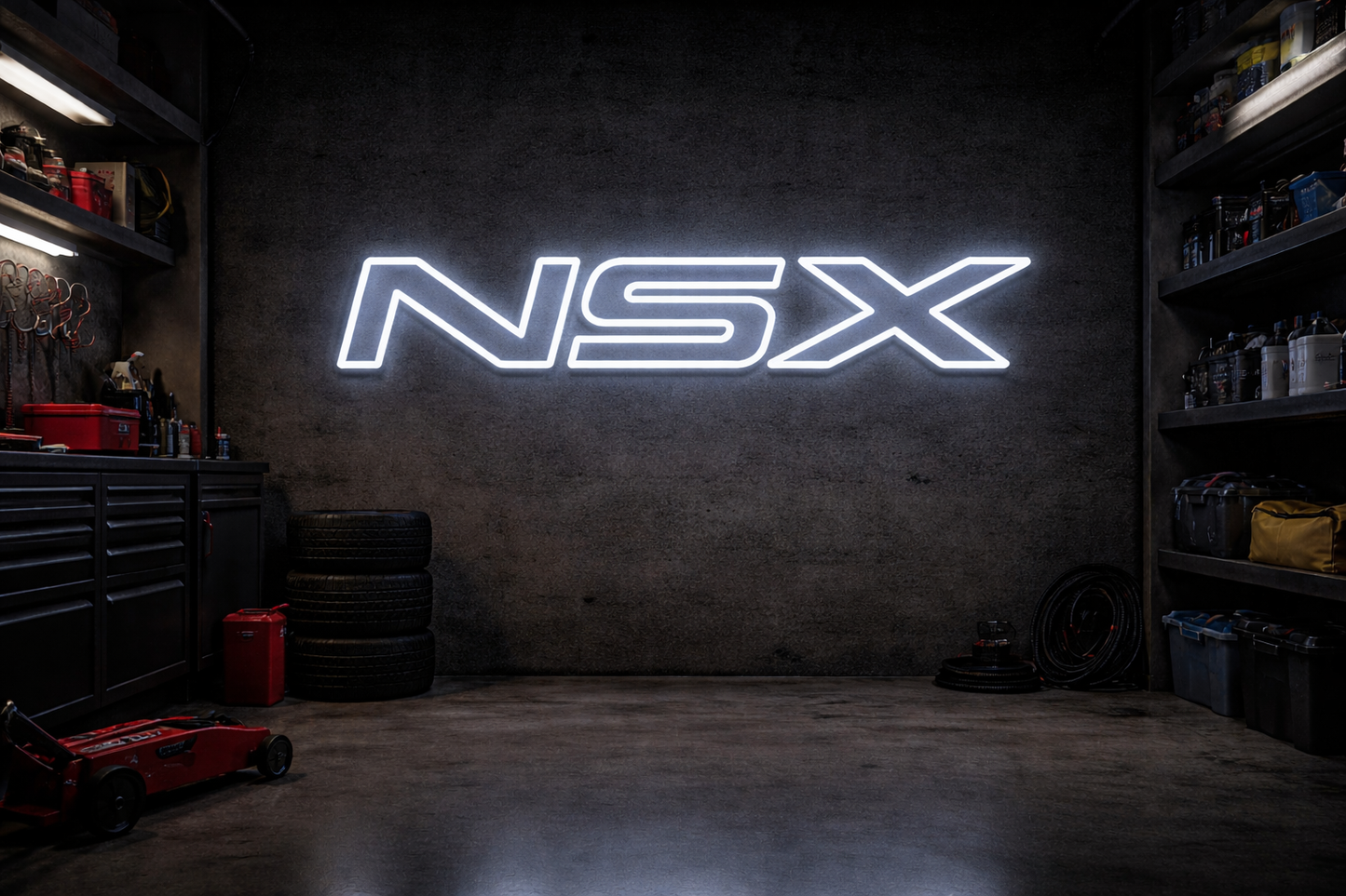 Honda NSX white LED neon outline sign mounted on concrete garage wall