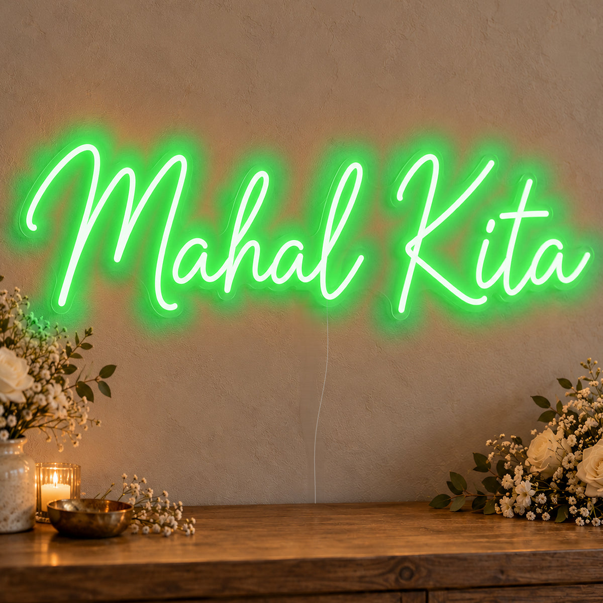 Mahal Kita Neon Sign in green LED neon on clear acrylic, angled view