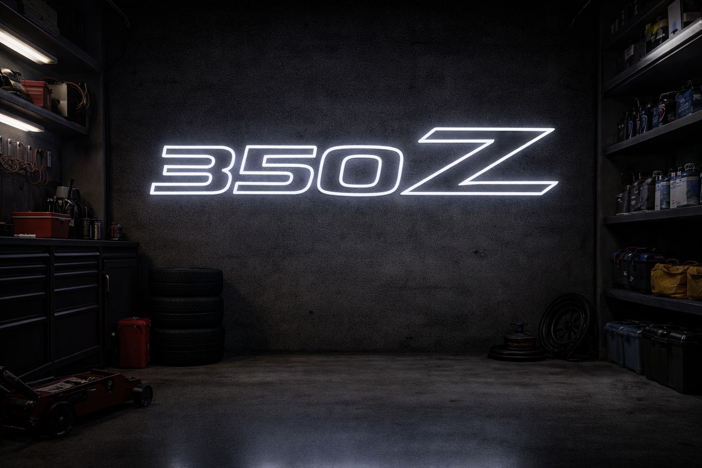 Nissan 350Z white LED neon outline sign mounted on concrete garage wall