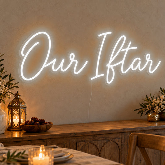 Our Iftar Neon Sign in white LED neon on clear acrylic, angled view