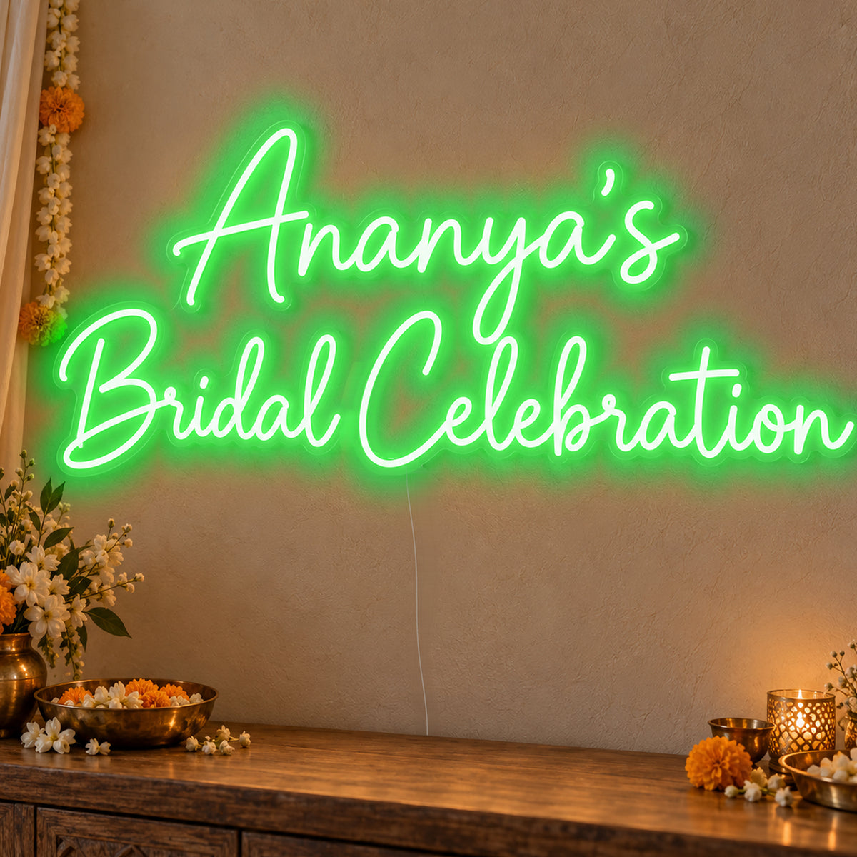Personalised Bridal Celebration Neon Sign in green LED neon on clear acrylic, angled view