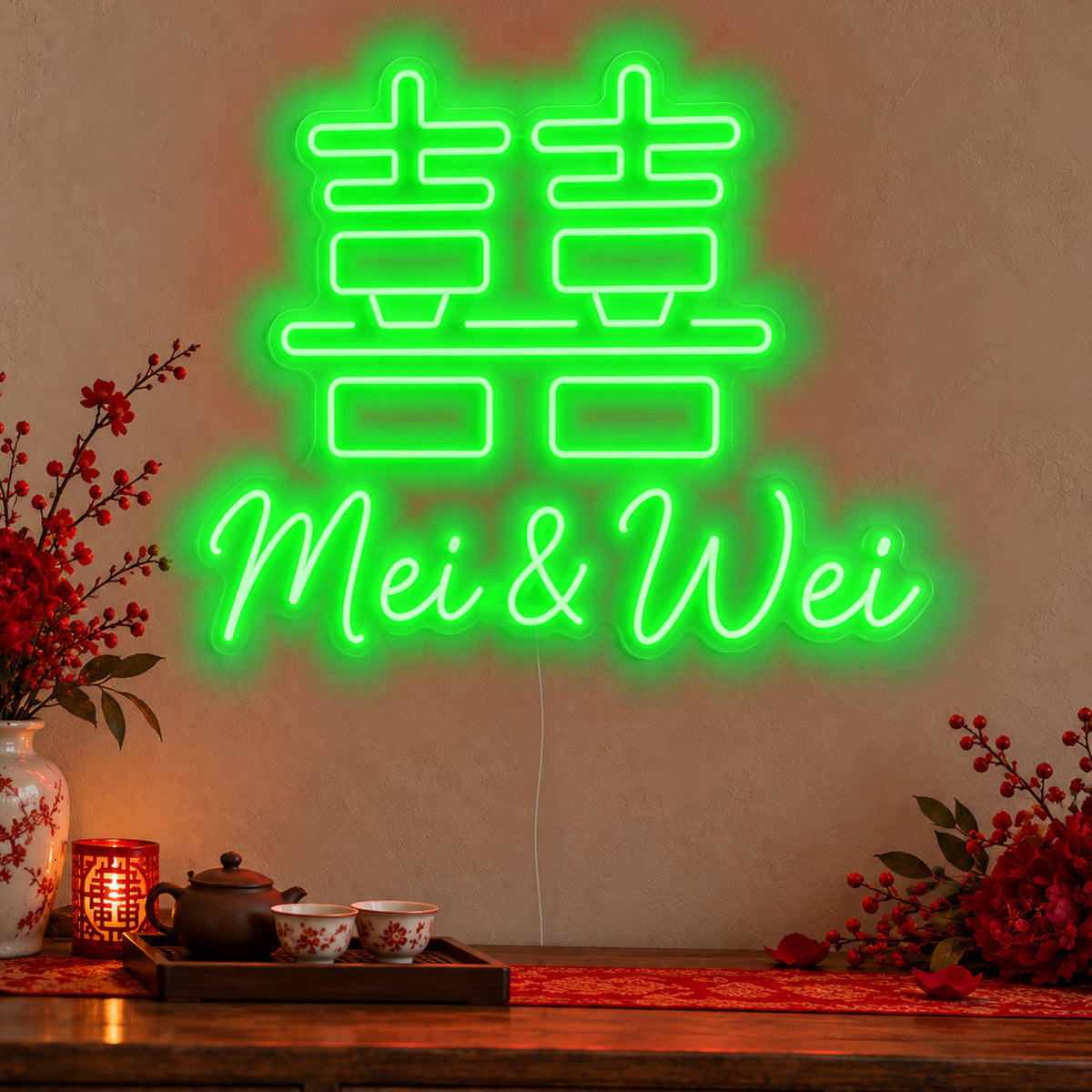 Personalised Double Happiness Names Neon Sign in green LED neon on clear acrylic, angled view