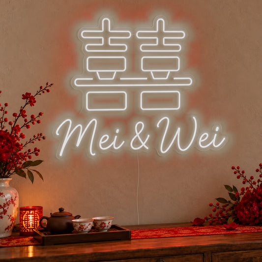 Personalised Double Happiness Names Neon Sign in white LED neon on clear acrylic, angled view