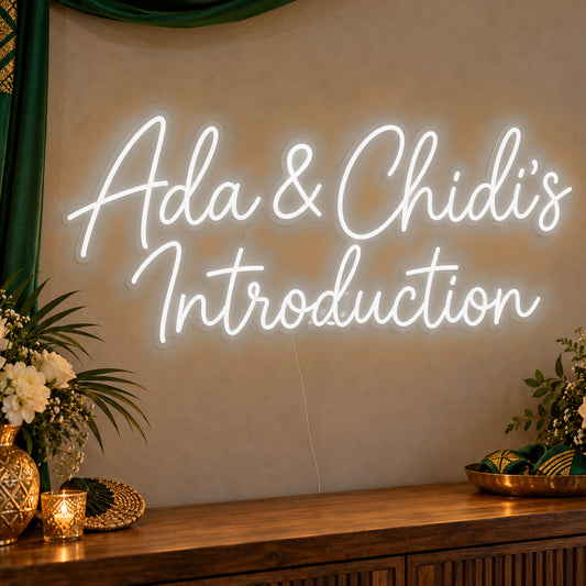 Personalised Introduction Neon Sign in white LED neon on clear acrylic, angled view
