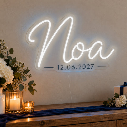 Personalised Mitzvah Name Date Neon Sign in white LED neon on clear acrylic, angled view