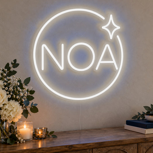 Personalised Mitzvah Party Logo Neon Sign in white LED neon on clear acrylic, angled view