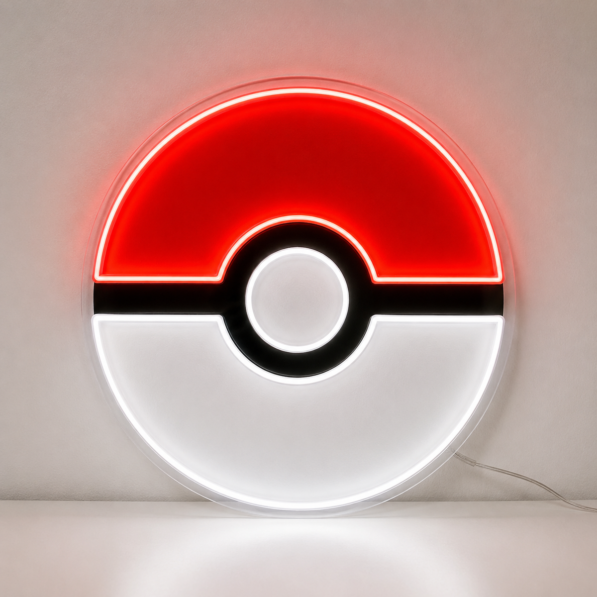 Pokemon Pokeball LED Neon Sign in red and white, featuring a circular Poké Ball design on a light surface.