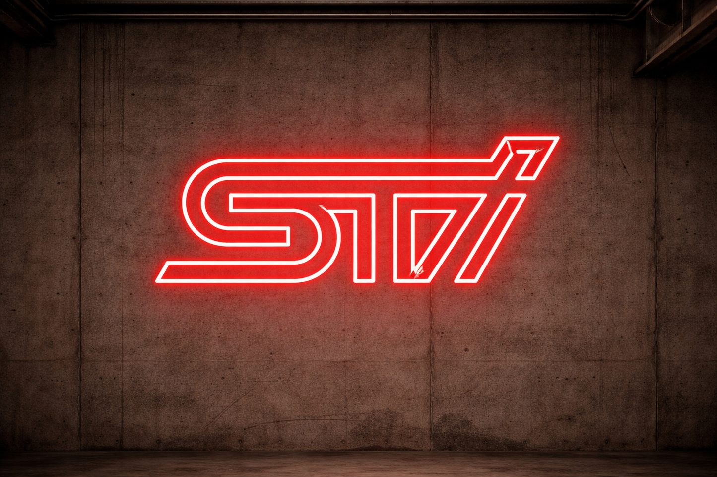 Subaru STI red LED neon outline sign glowing on concrete garage wall